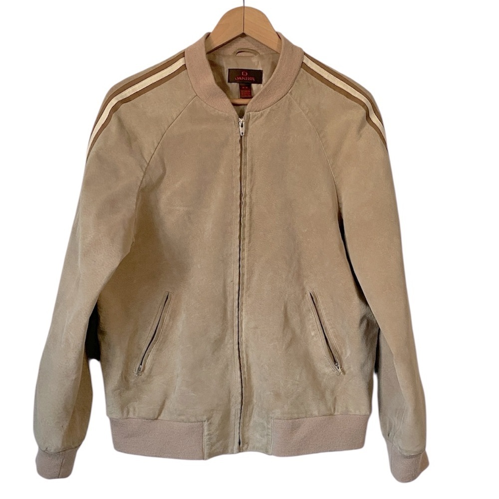 Danier genuine leather suede Beige Bomber Jacket with Stripes size Medium